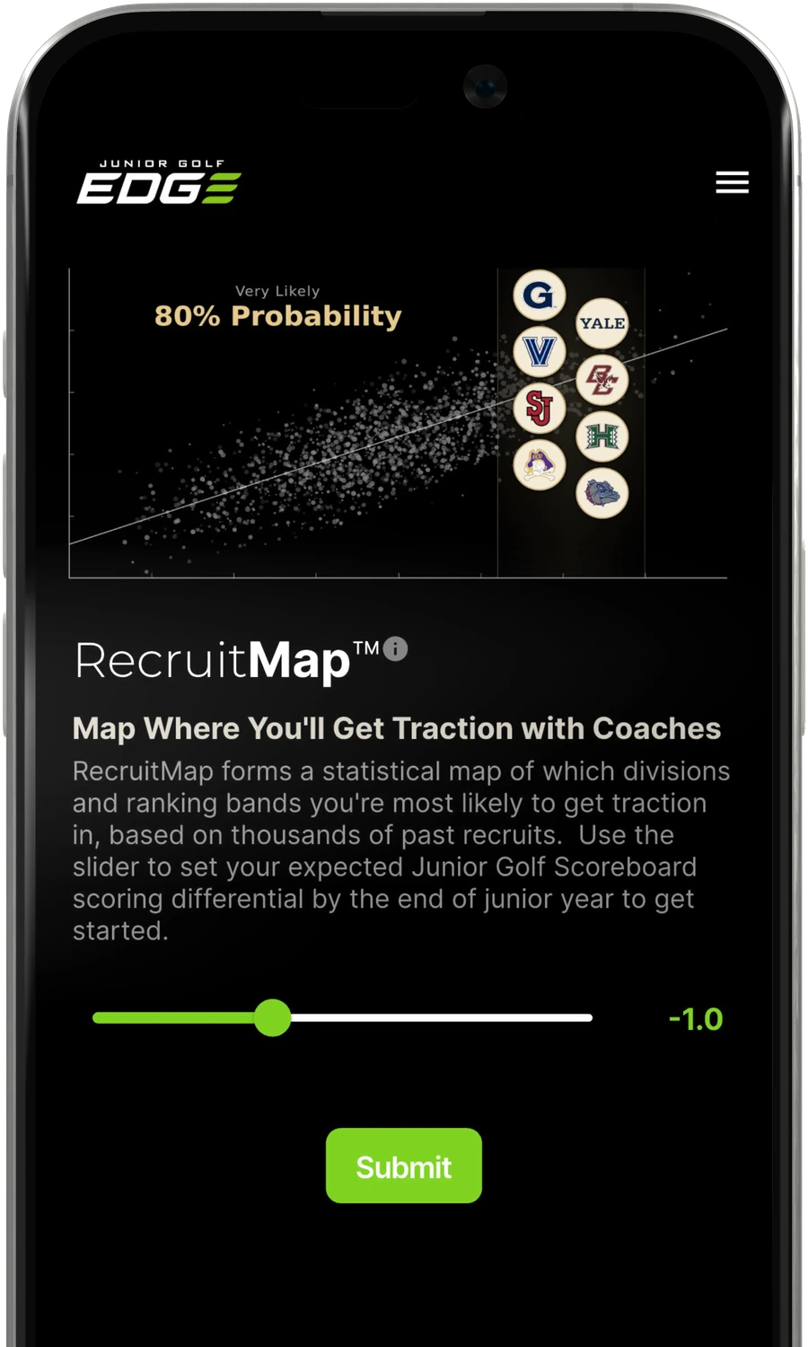 The Junior Golf Edge app showing RecruitMap, a statistical map of which college programs a junior golfer is likely to get traction with