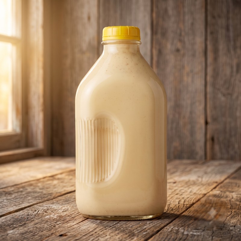 A half-gallon glass bottle of Schoch Dairy holiday eggnog