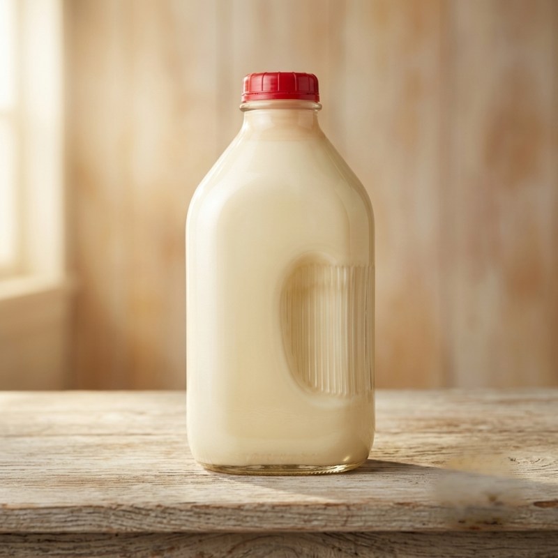 A half-gallon glass bottle of Schoch Dairy whole milk, bottled at the farm