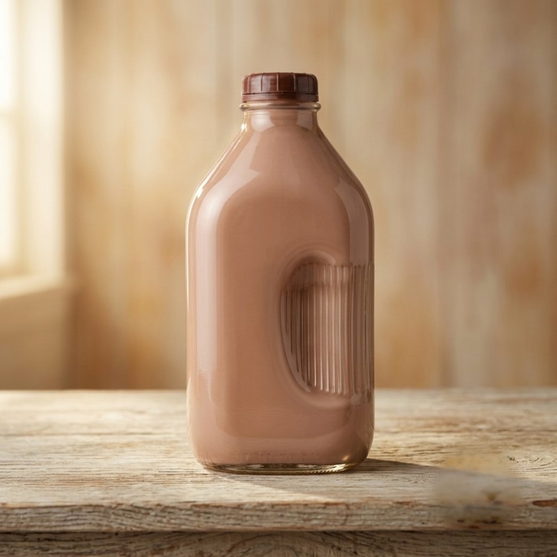 A half-gallon glass bottle of Schoch Dairy Schocolate milk