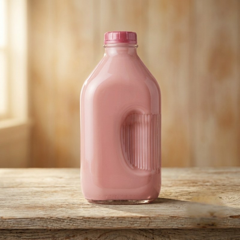 A half-gallon glass bottle of Schoch Dairy strawberry milk