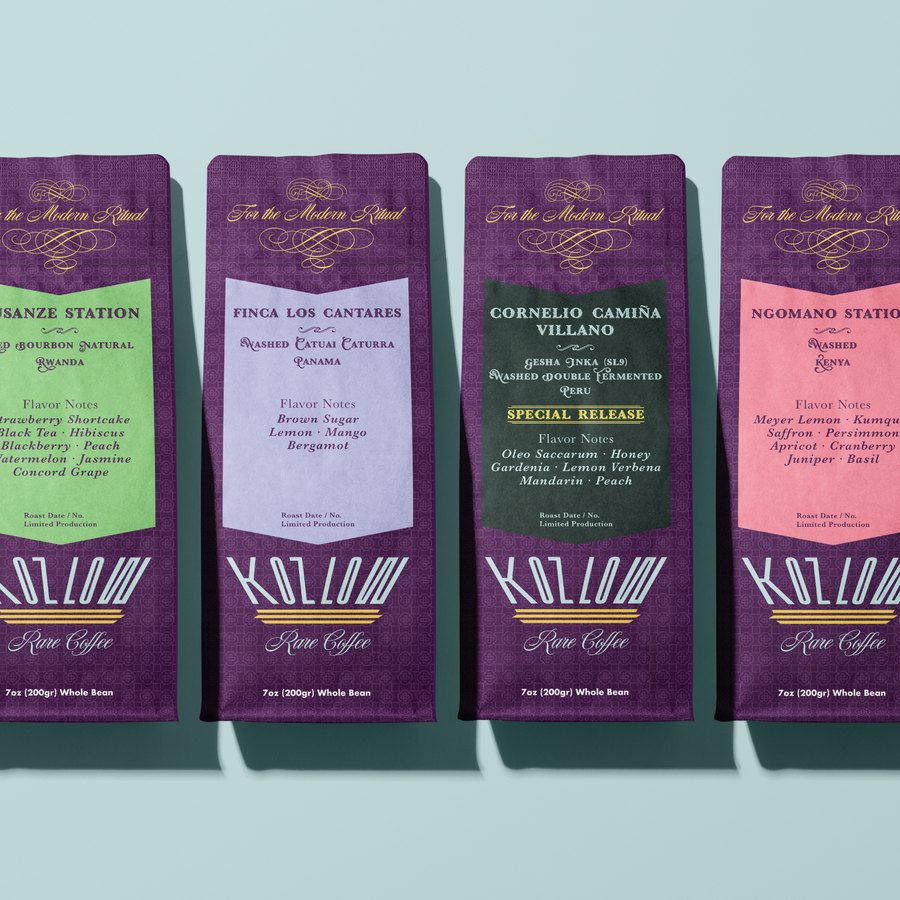 Six purple bags of Kozlow Koffee single-origin releases lined up in a row