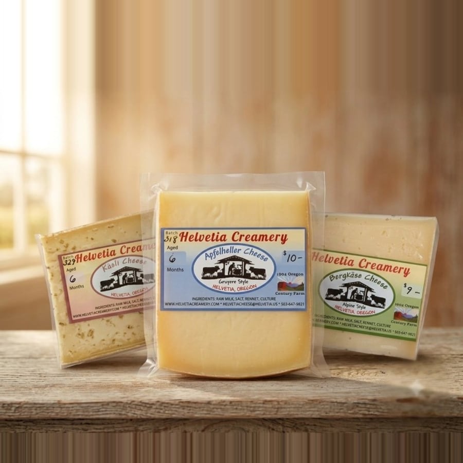 Wedges of Helvetia Creamery artisan cheese, stocked on the Schoch farm stand