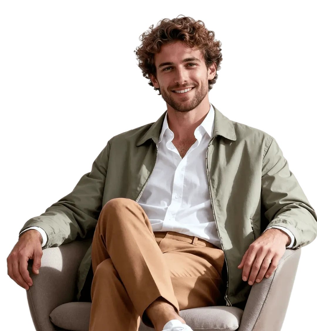 Smiling man with curly hair seated on a chair wearing a green jacket, white shirt, and tan pants.