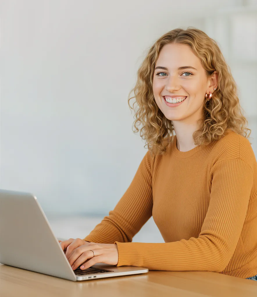 Young woman with curly hair smiling and typing on a laptop at a wooden desk.