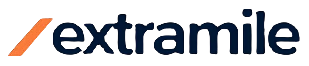 Extramile company wordmark logo with an orange forward slash symbol on black background.