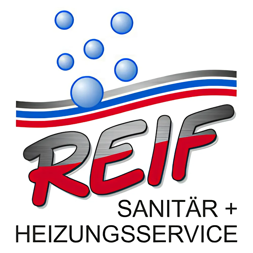 Logo with blue water bubbles and text REIF Sanitär + Heizungsservice in red, gray, black.