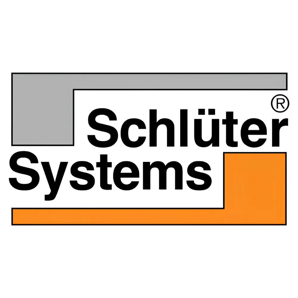 Schlüter Systems logo with gray and orange right-angled brackets framing the text.
