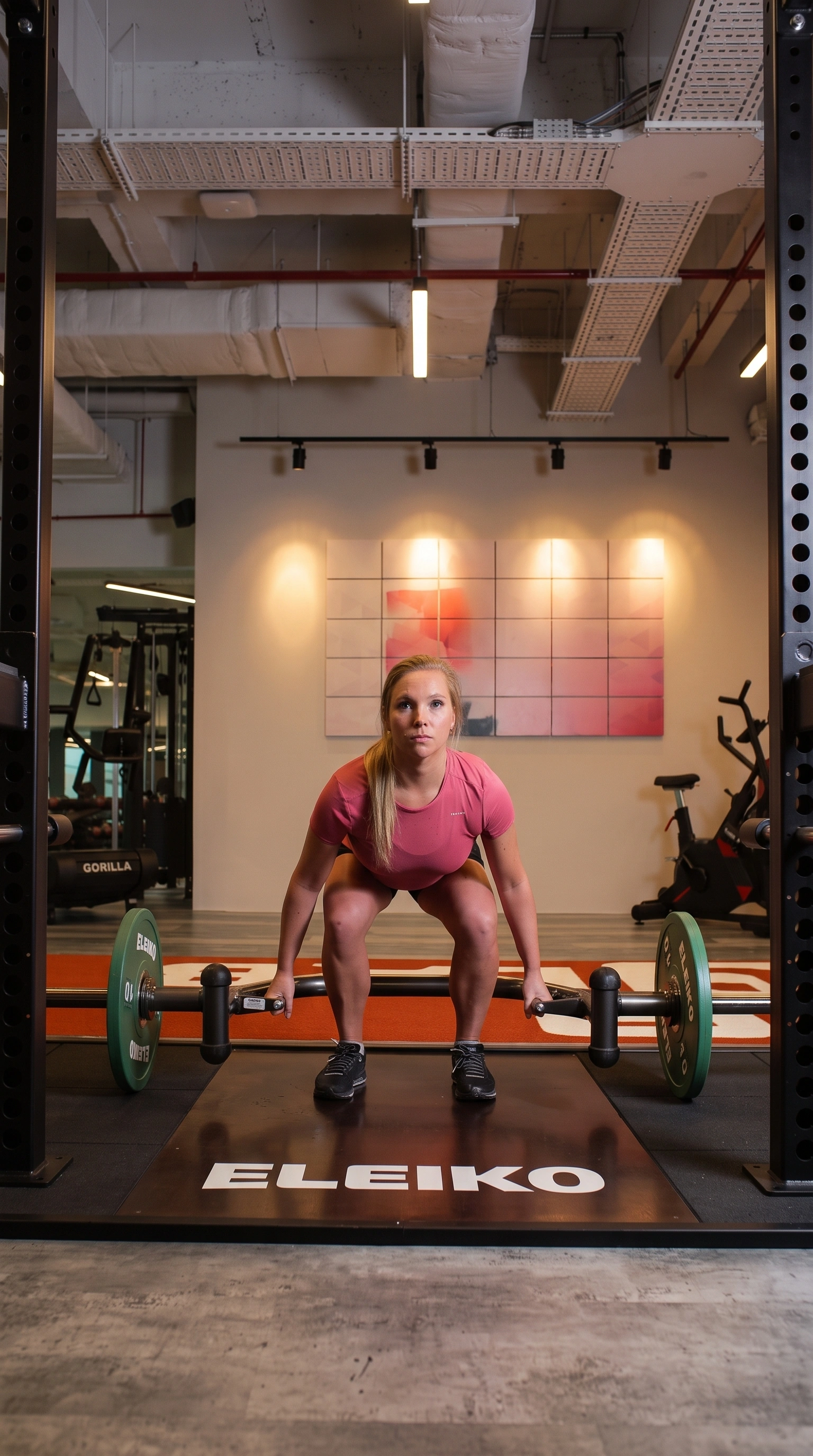 A woman in a pink t-shirt preparing to lift a loaded trap bar inside a modern fitness facility.