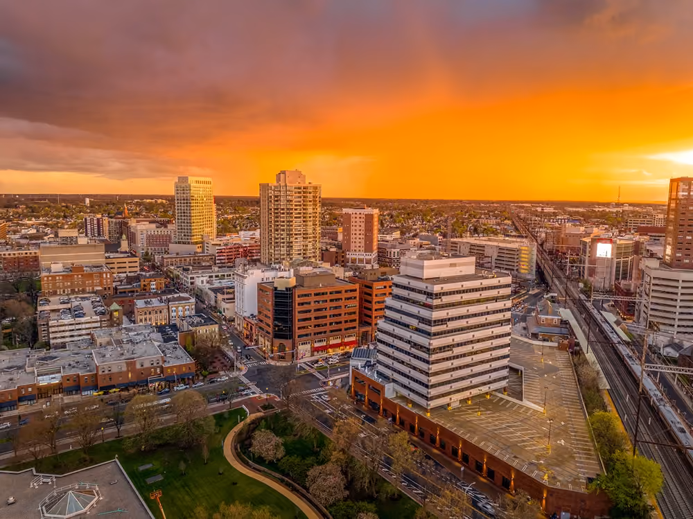 New Jersey city skyline at sunset