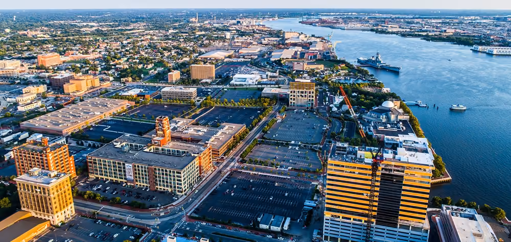 Aerial view of a city along the water