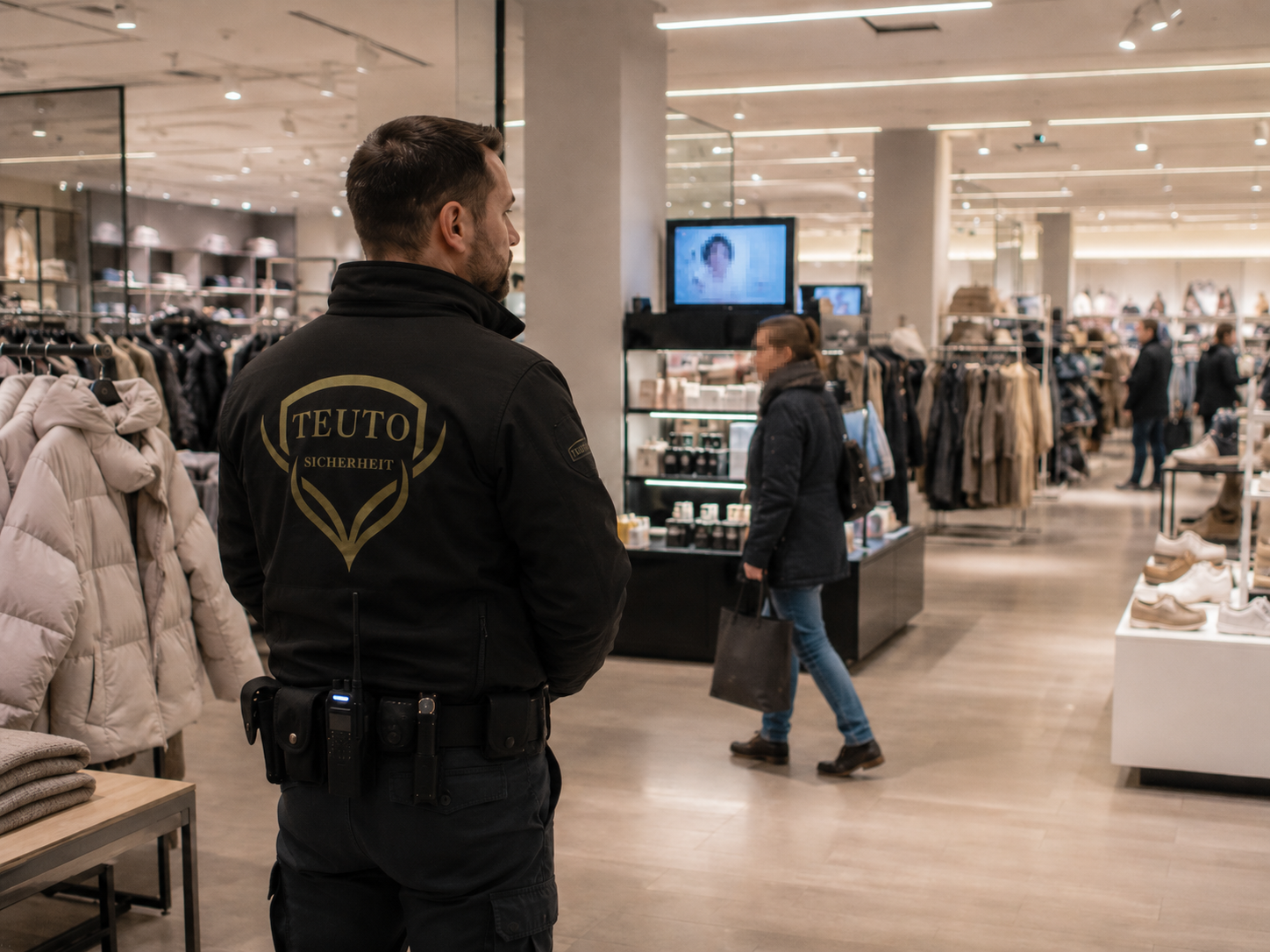 Mitarbeiter der Teuto-Sicherheit in Dienstkleidung auf der Verkaufsfläche eines Kaufhauses