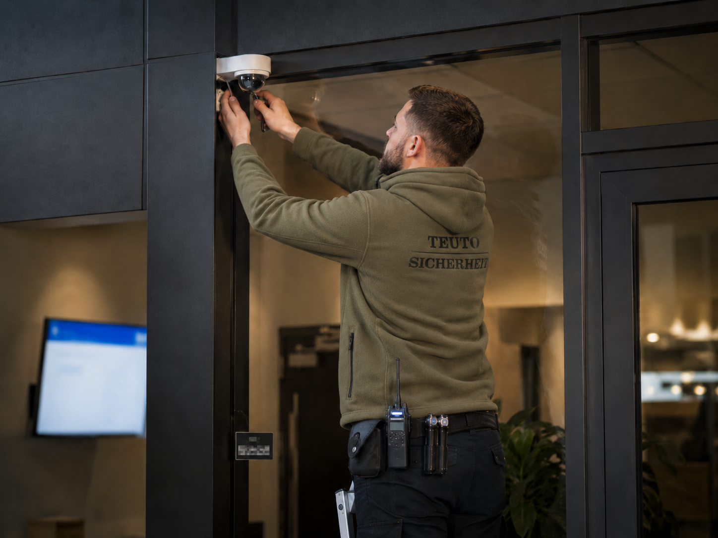 Mitarbeiter der Teuto-Sicherheit montiert eine Überwachungskamera an einem Gebäude