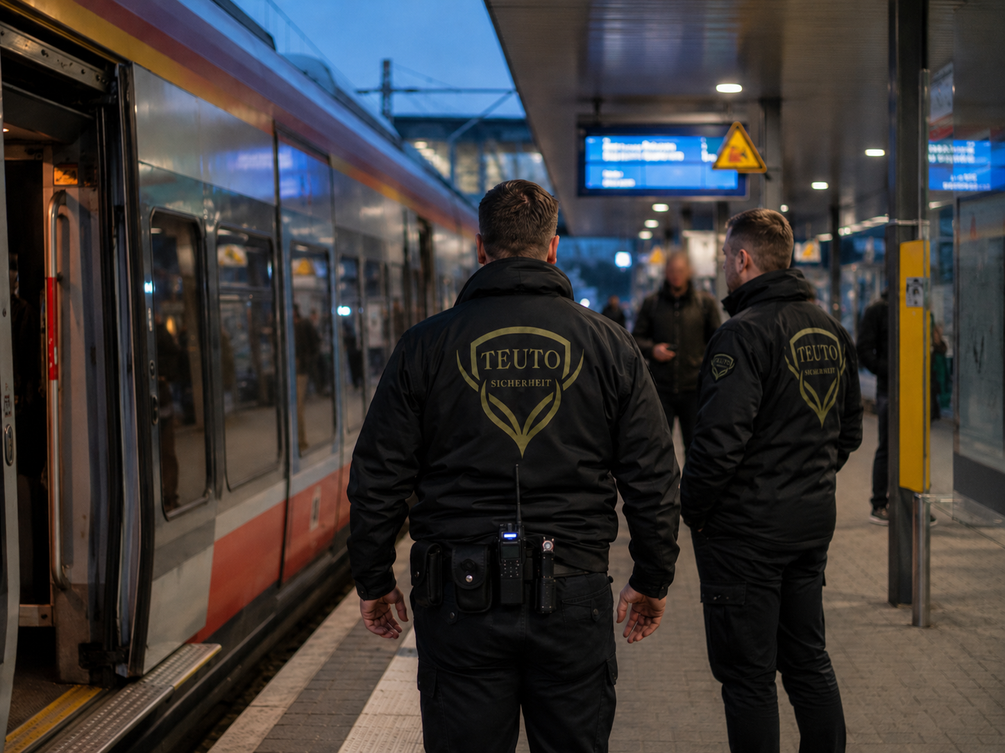 Zwei Mitarbeiter der Teuto-Sicherheit in Dienstkleidung auf einem Bahnsteig
