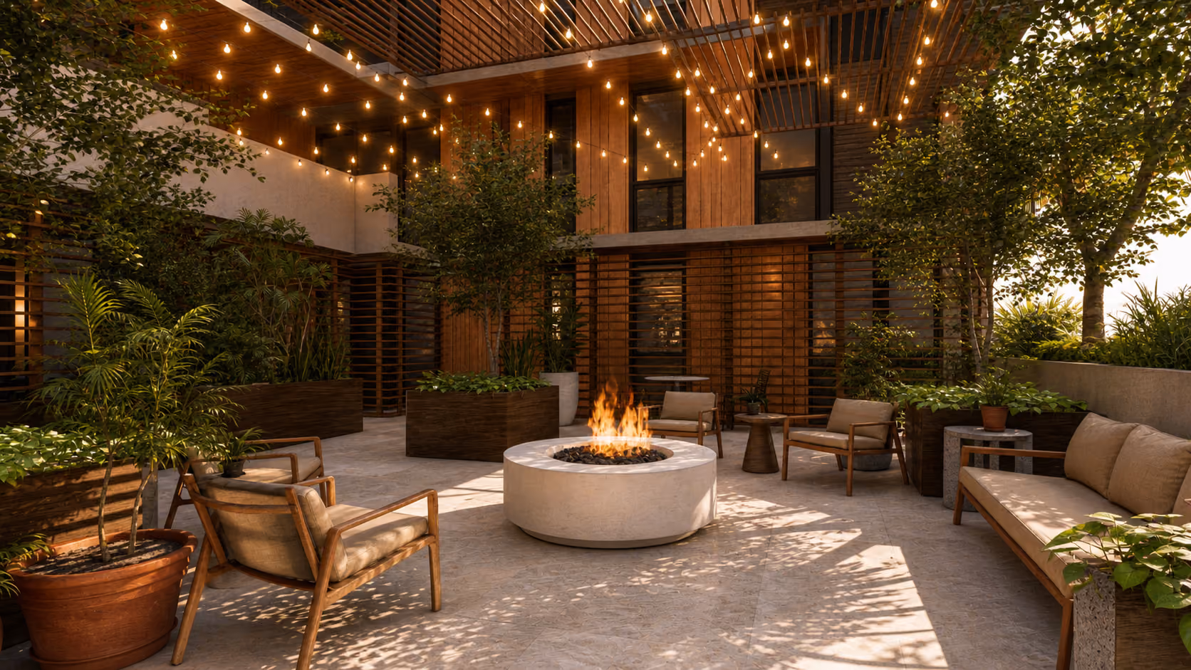 Outdoor patio with fire pit, cushioned chairs, sofa, potted plants, and string lights overhead.