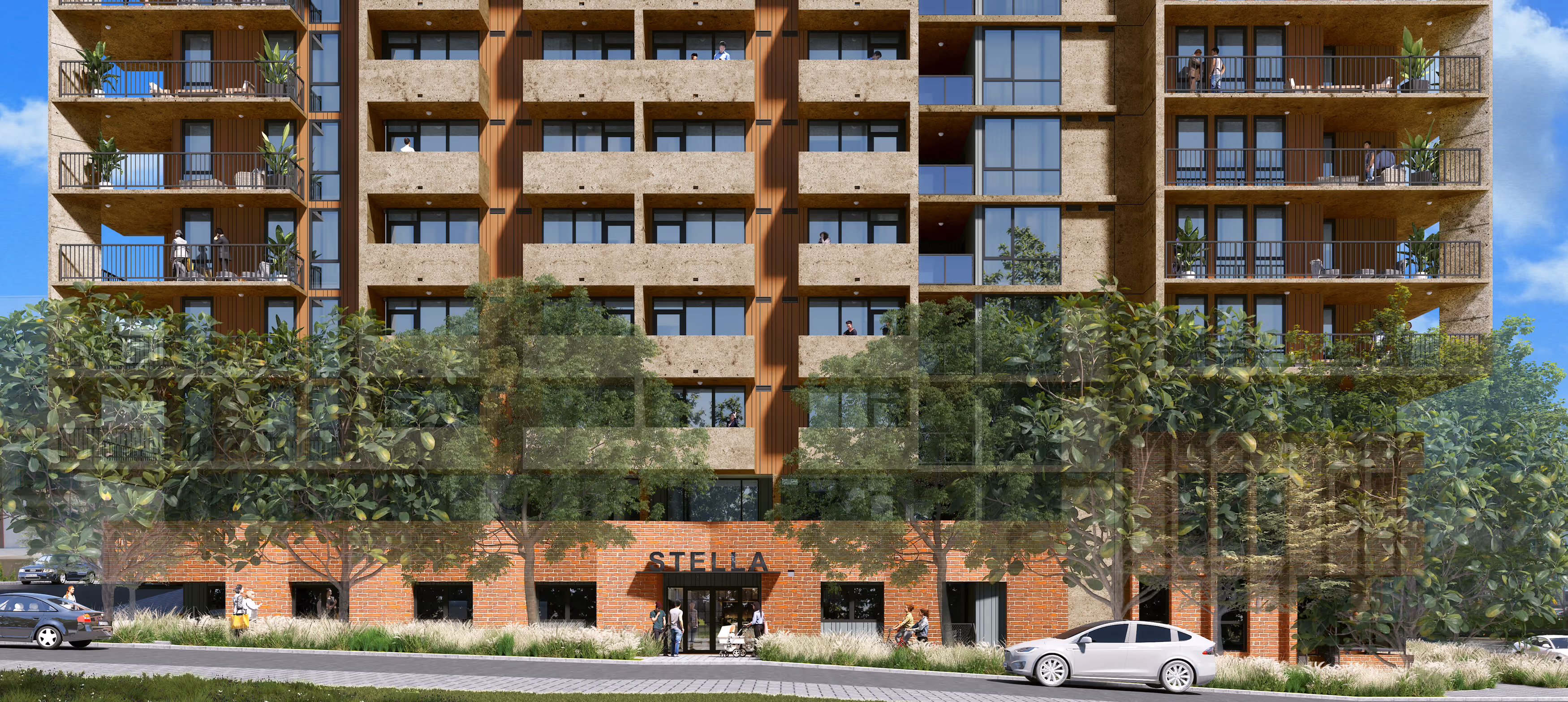 Modern apartment building with balconies, trees in front, people outside, and two cars parked nearby.