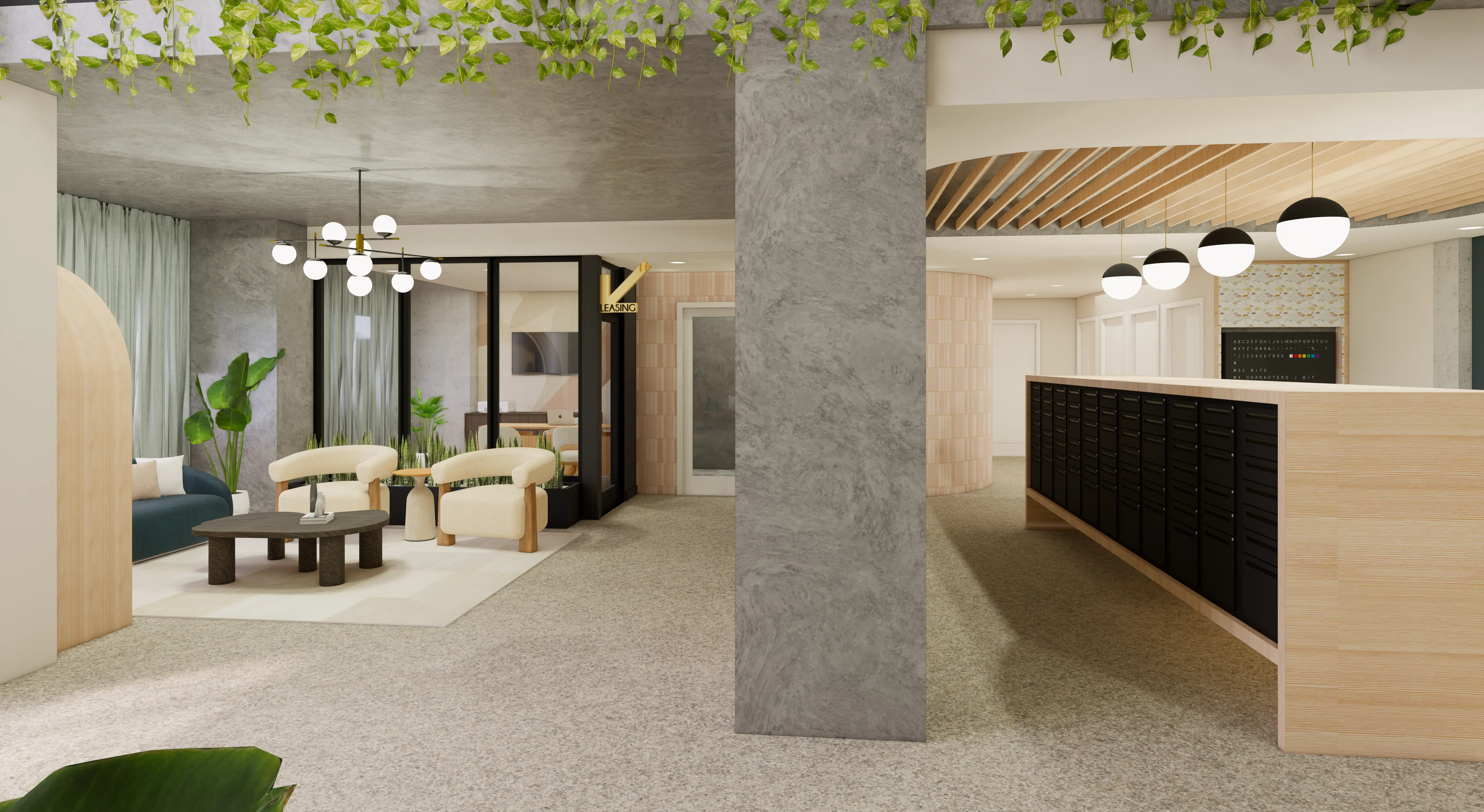 Modern lobby with hanging plants, seating area, round chandelier, and a long row of black mailboxes.