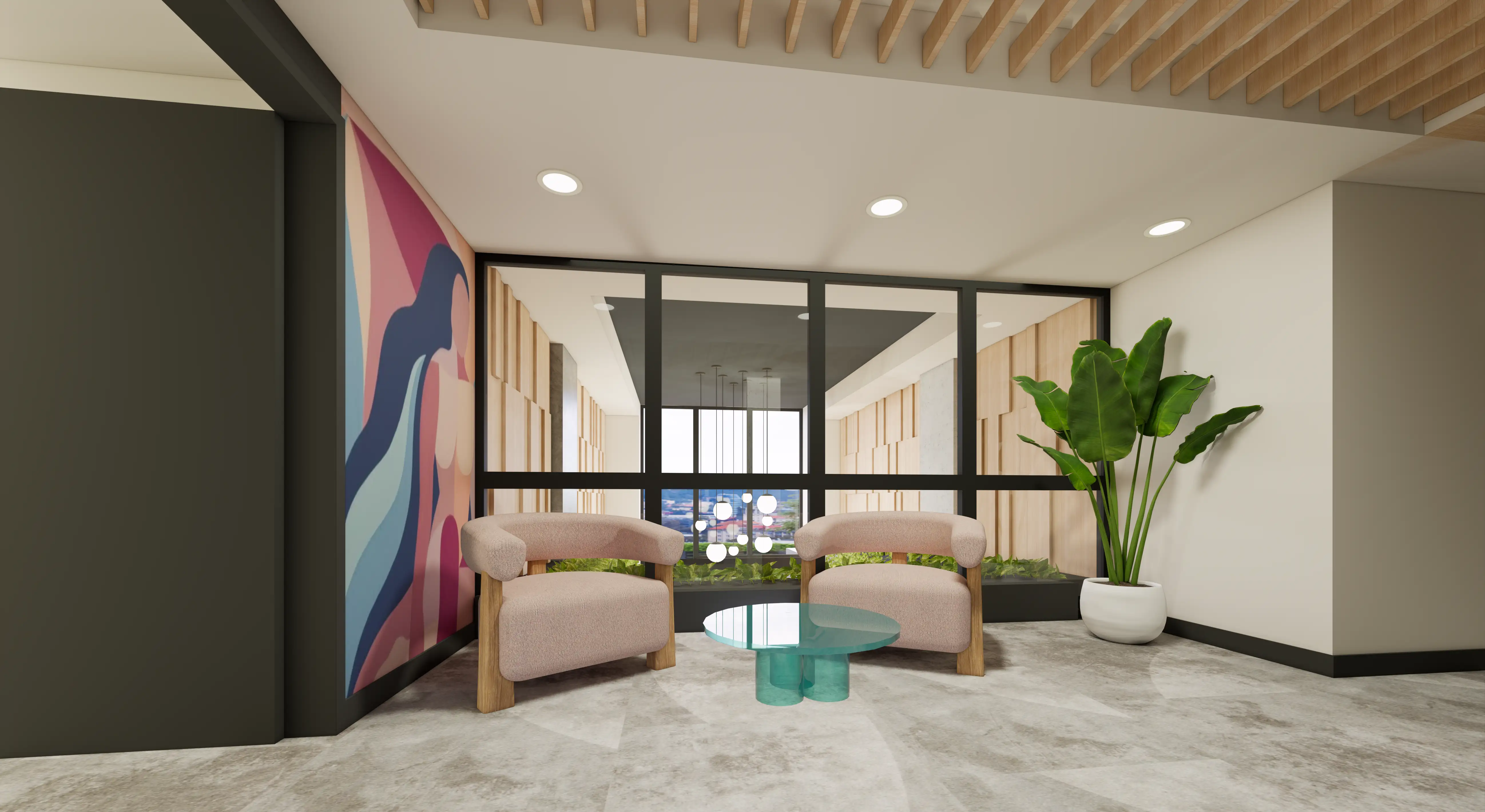 Modern seating area with two beige armchairs, a round glass table, large plant, and colorful wall art.
