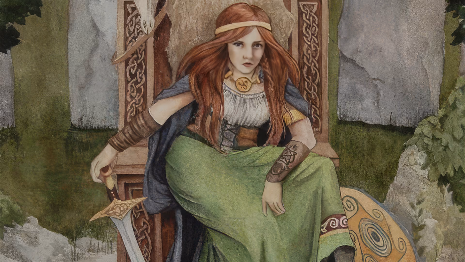 Woman with long red hair in medieval attire sits with sword and shield on stone throne outdoors.