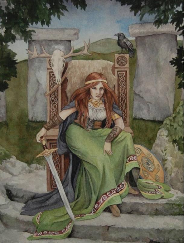 Illustration of Queen Maeve seated on a throne in a green dress with her sword and shield.