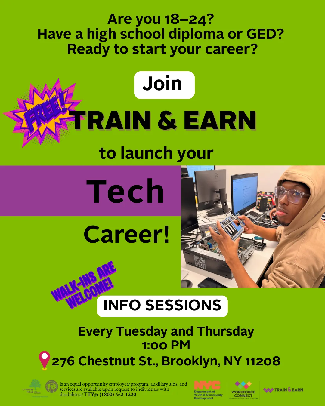 Train and Earn free tech career program flyer for ages 18 to 24