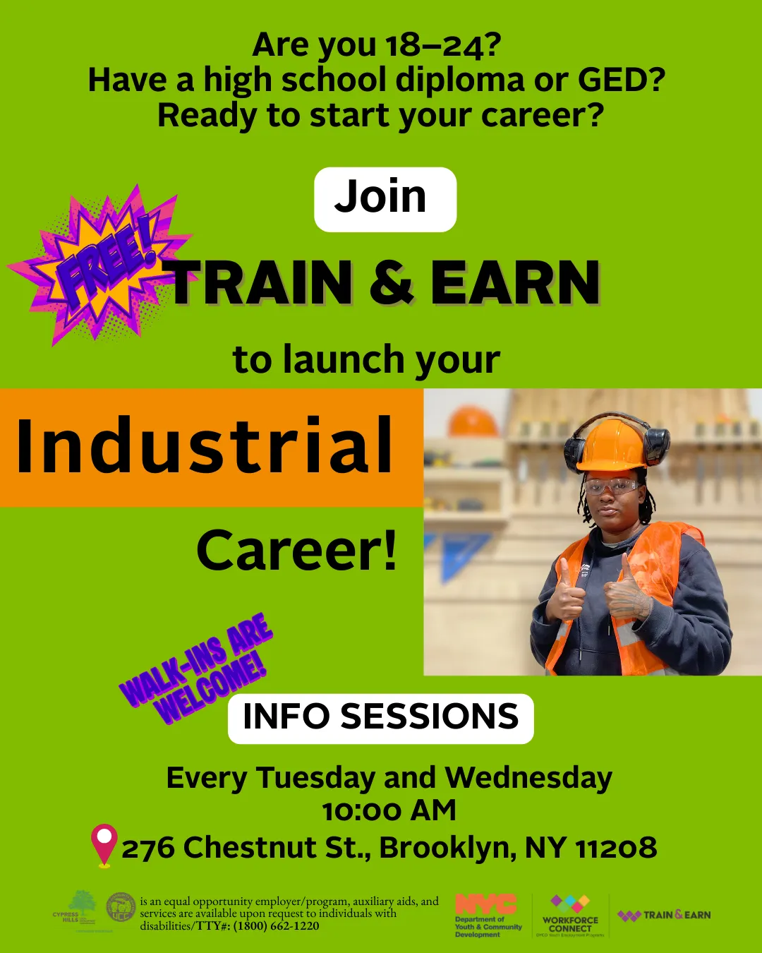 Train and Earn free industrial career program flyer for ages 18 to 24