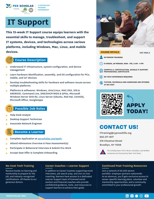 Per Scholas IT Support course flyer with program details and contact information