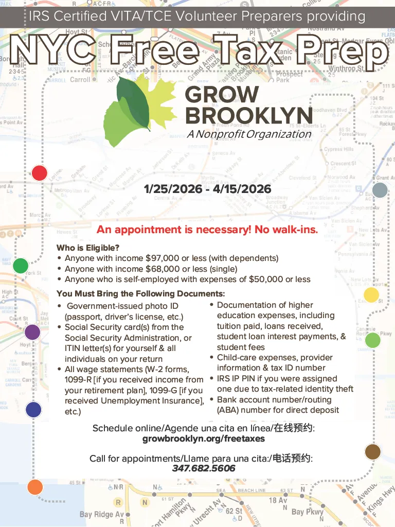 Grow Brooklyn free tax prep flyer with eligibility and appointment details