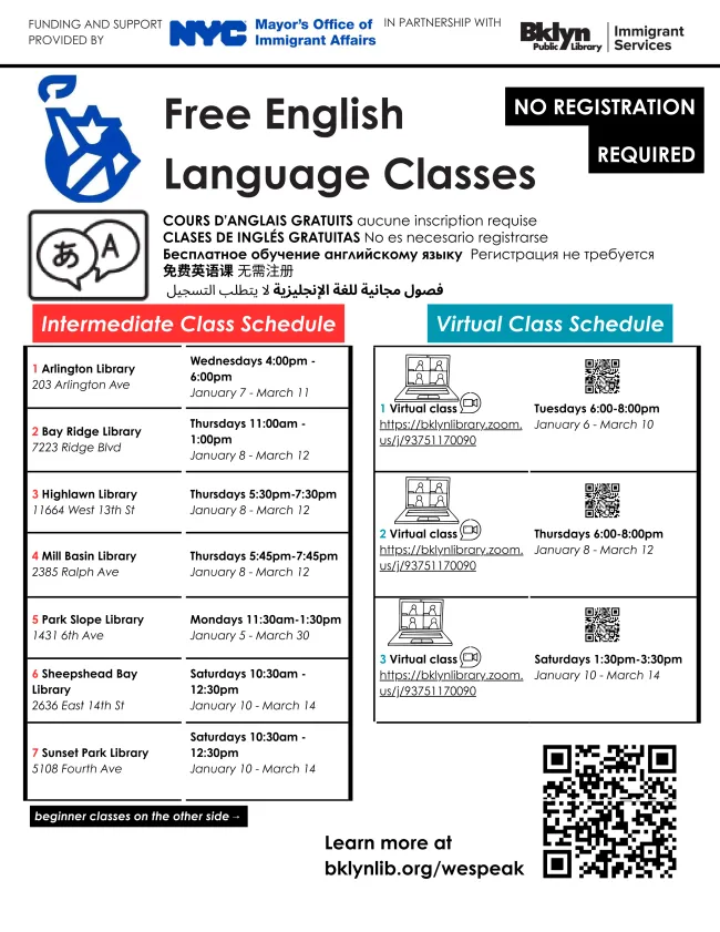 Brooklyn Public Library free English language classes schedule flyer