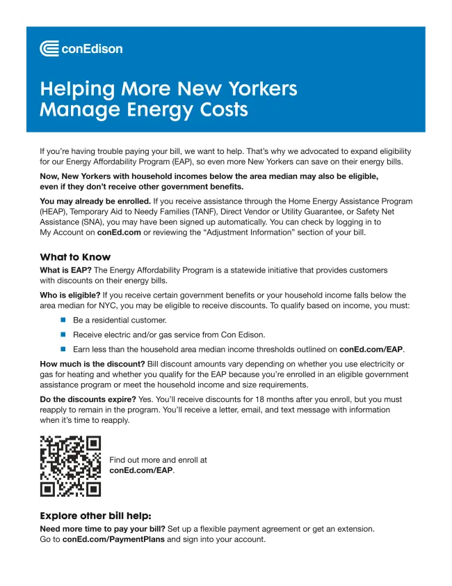 Con Edison flyer about Energy Affordability Program for New Yorkers