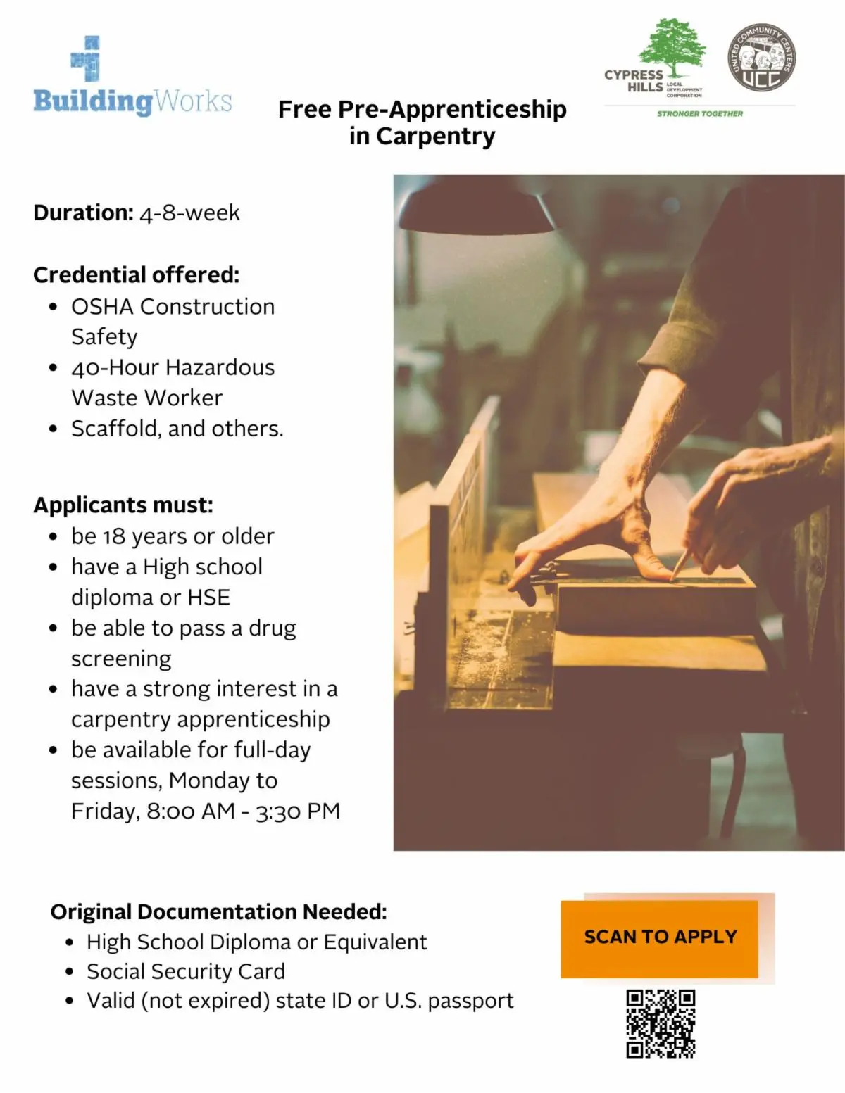 Person using hands to work with wood in carpentry workshop