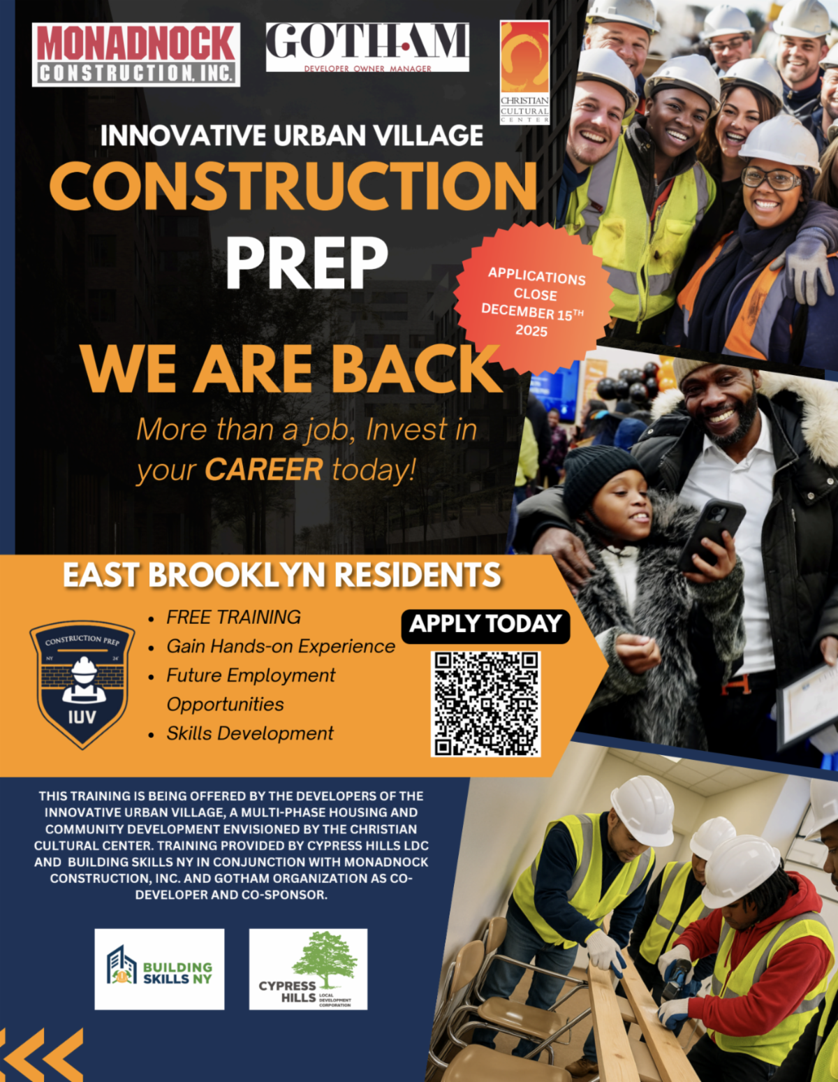 Flyer for Innovative Urban Village Construction Prep program for East Brooklyn residents
