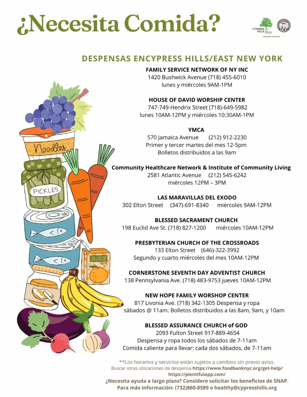 Spanish flyer listing Cypress Hills food pantry locations and hours