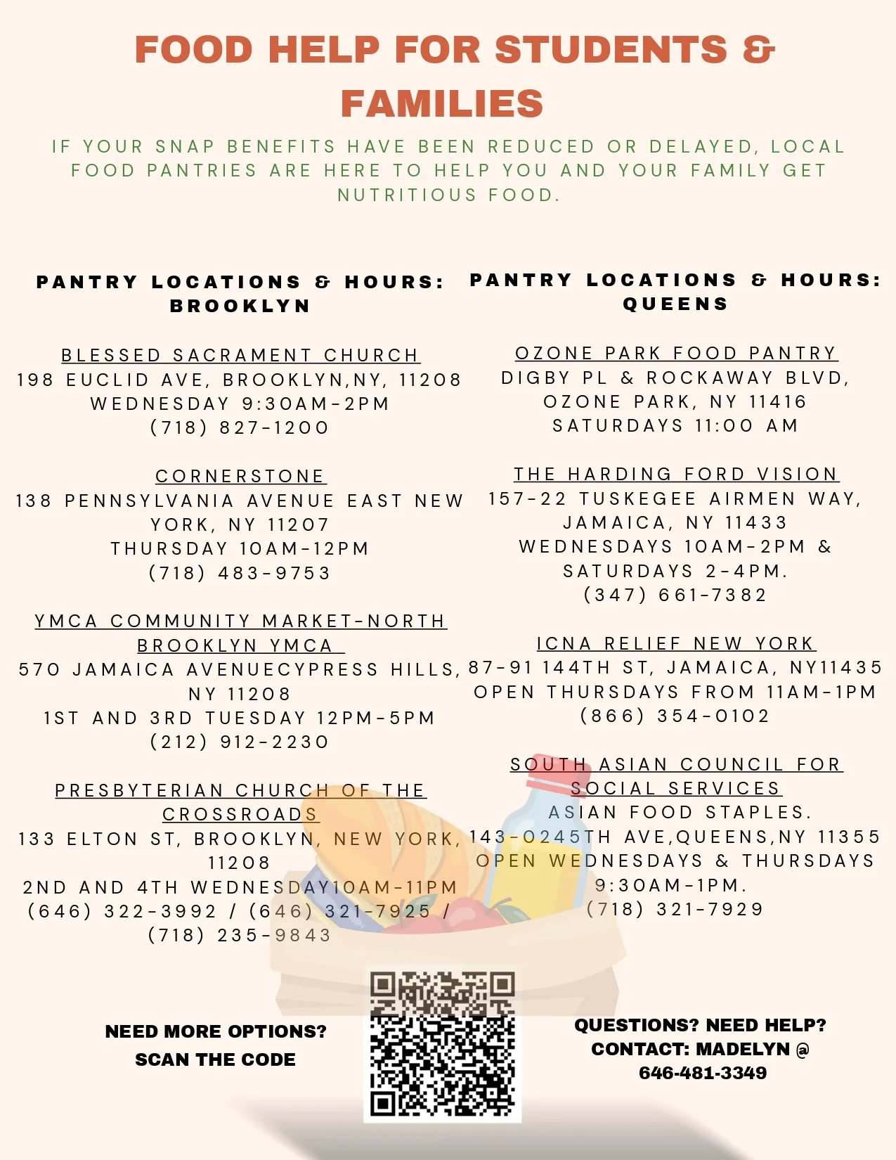 Food pantry locations and hours for Brooklyn and Queens families