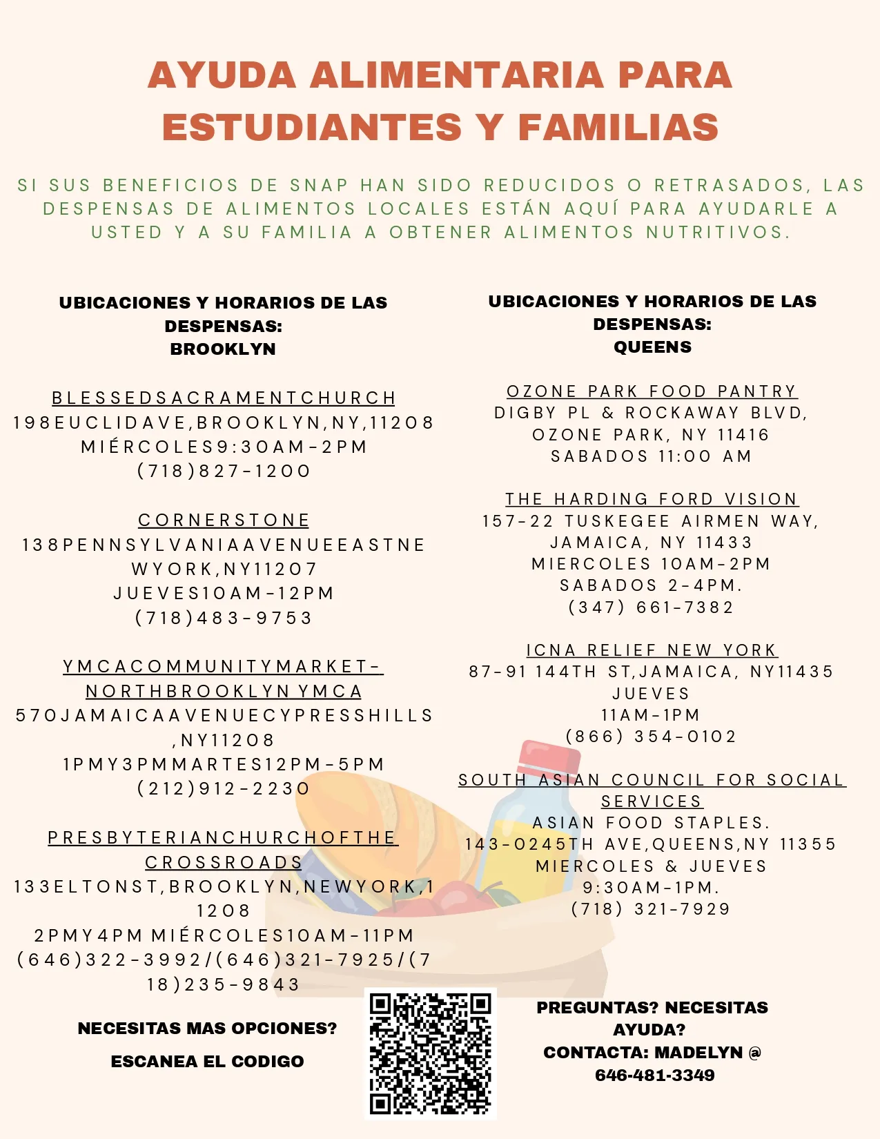 Spanish-language flyer listing local food pantry locations for students and families