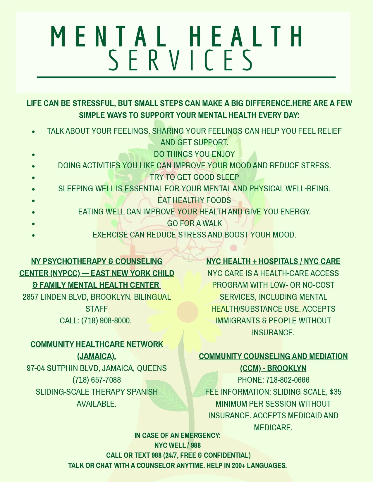 Mental Health Services flyer with tips and local counseling resources