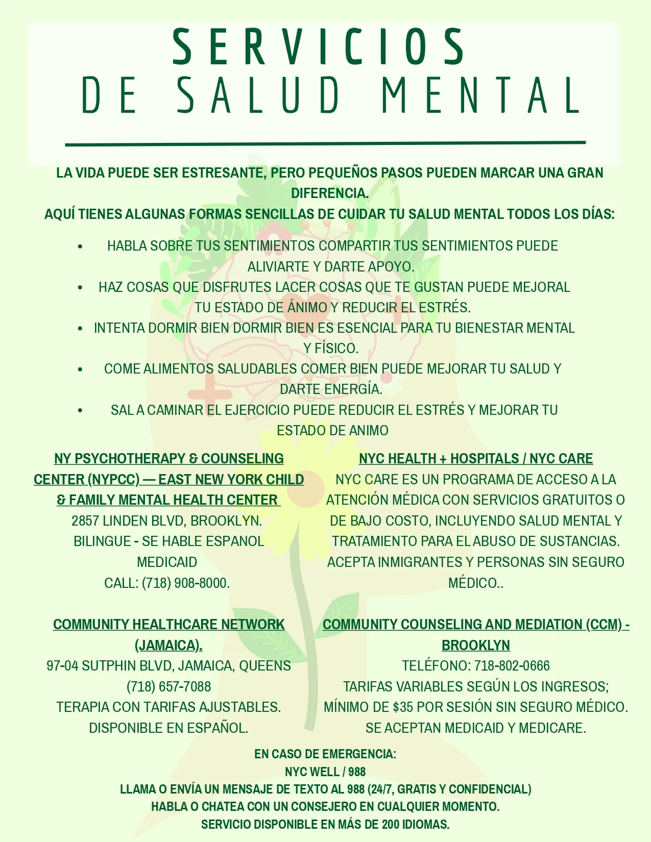 Spanish-language mental health services flyer with local NYC resources and contacts