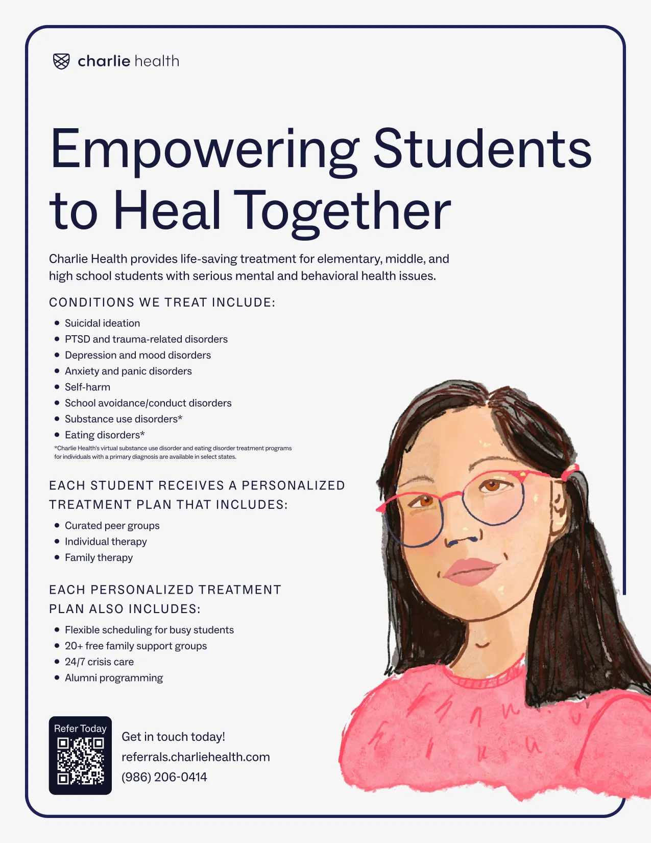 Charlie Health flyer promoting mental health treatment services for students