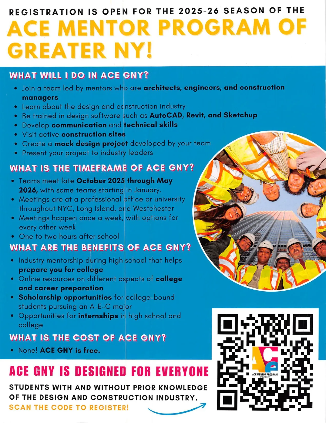 ACE Mentor Program of Greater NY 2025-26 registration flyer