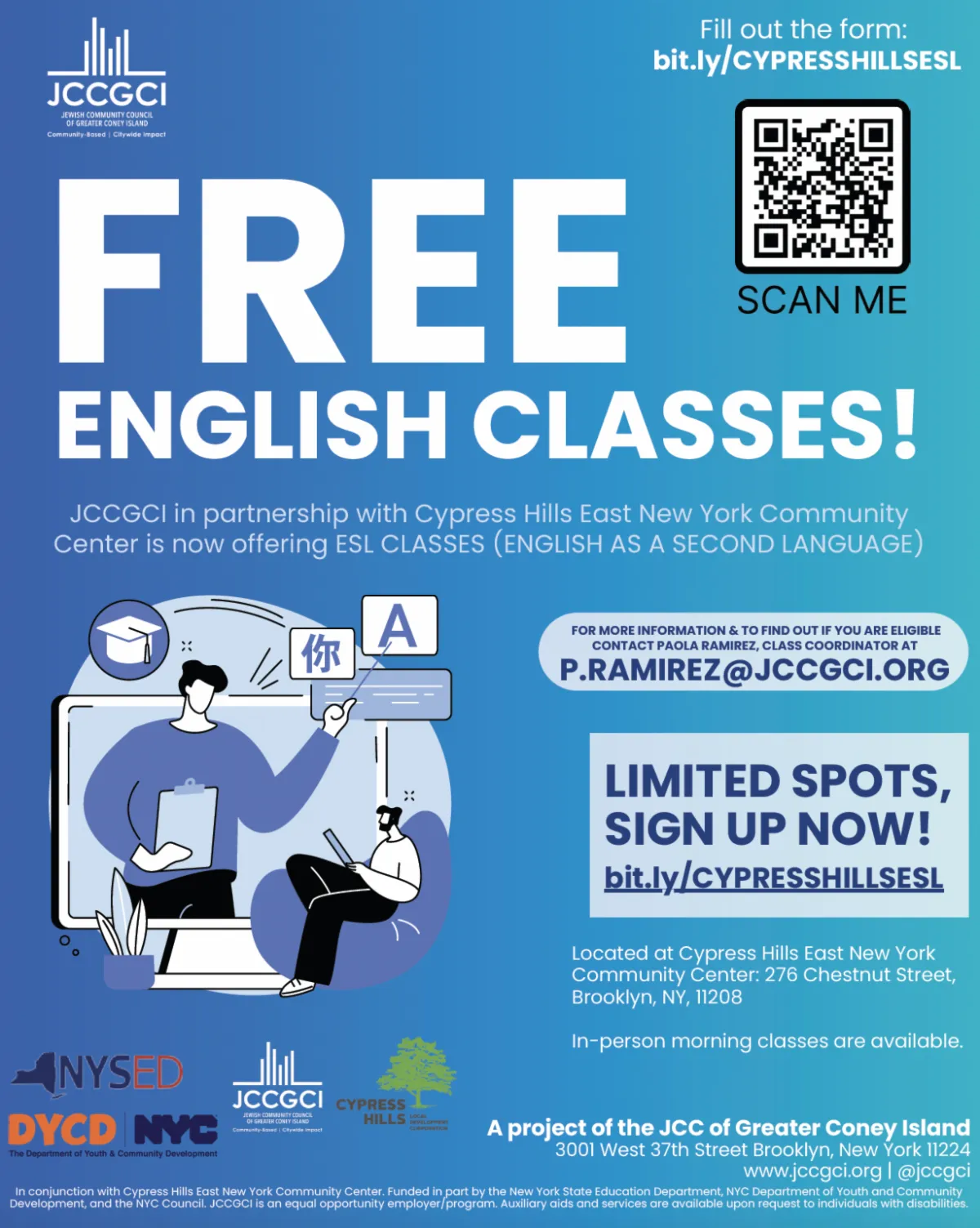 Flyer promoting free ESL classes at Cypress Hills Brooklyn community center