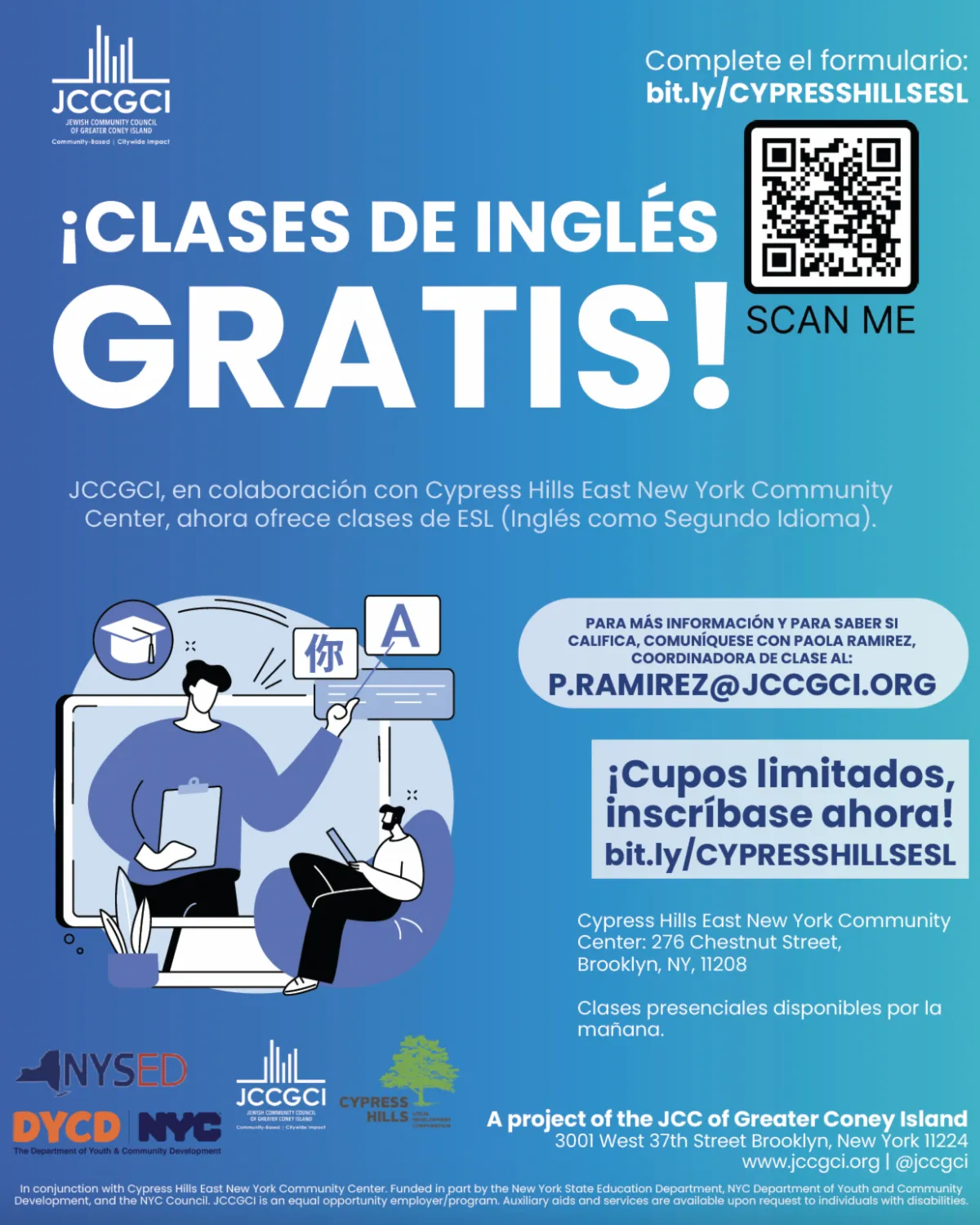 JCCGCI flyer advertising free English ESL classes in Brooklyn