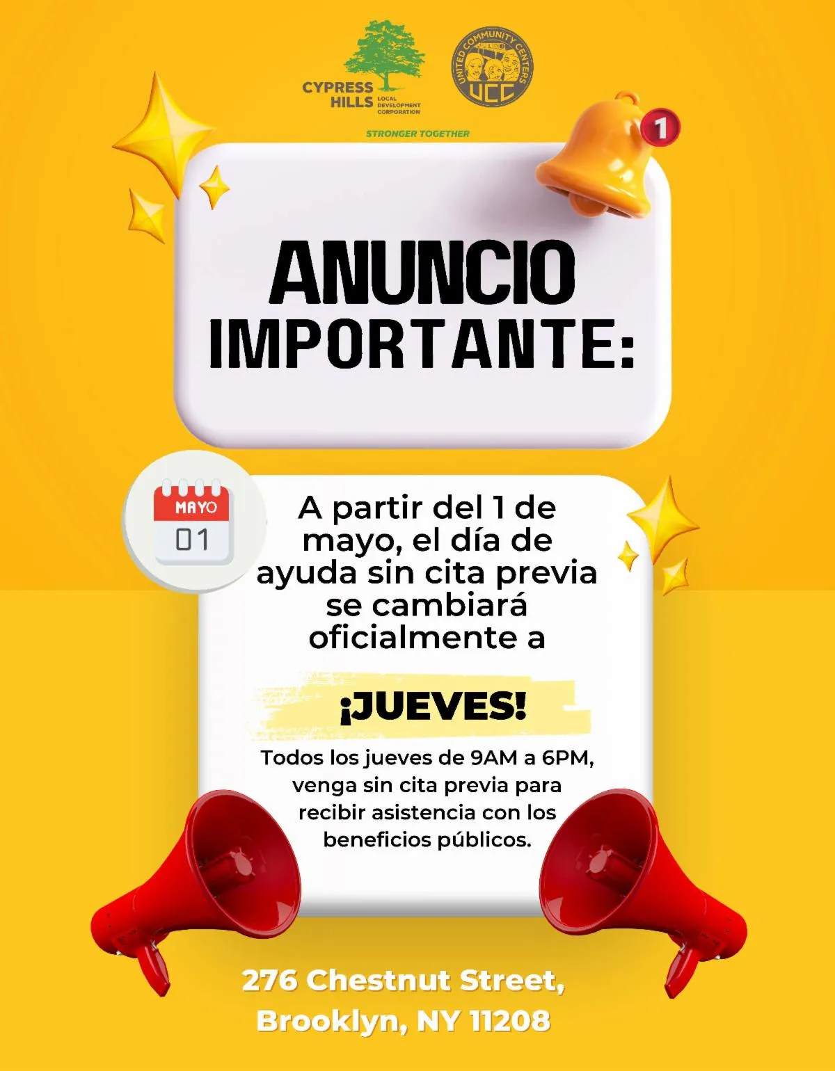 Spanish flyer announcing walk-in assistance day change to Thursdays
