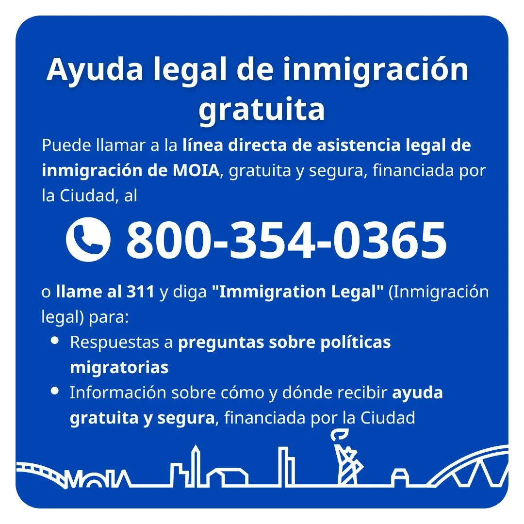 MOIA free immigration legal help hotline flyer in Spanish
