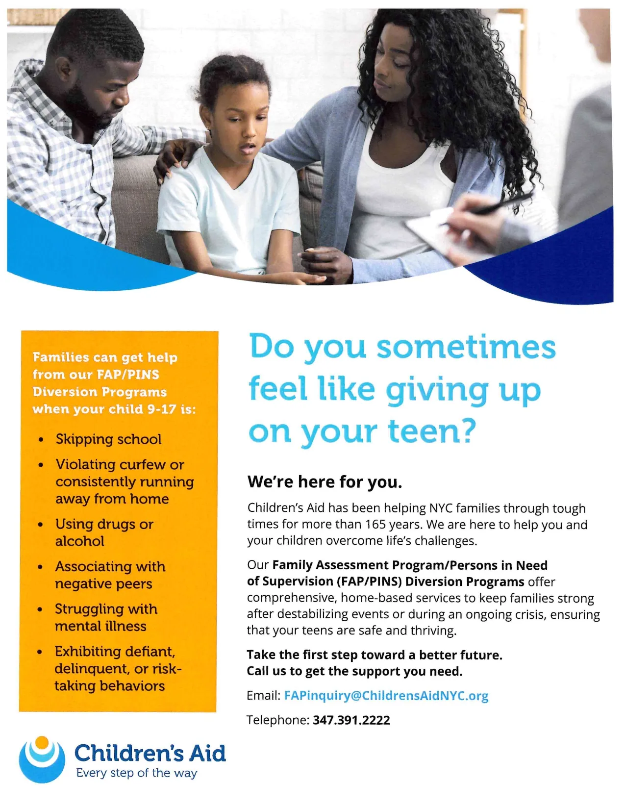 Parents and child meeting with a counselor for family support services