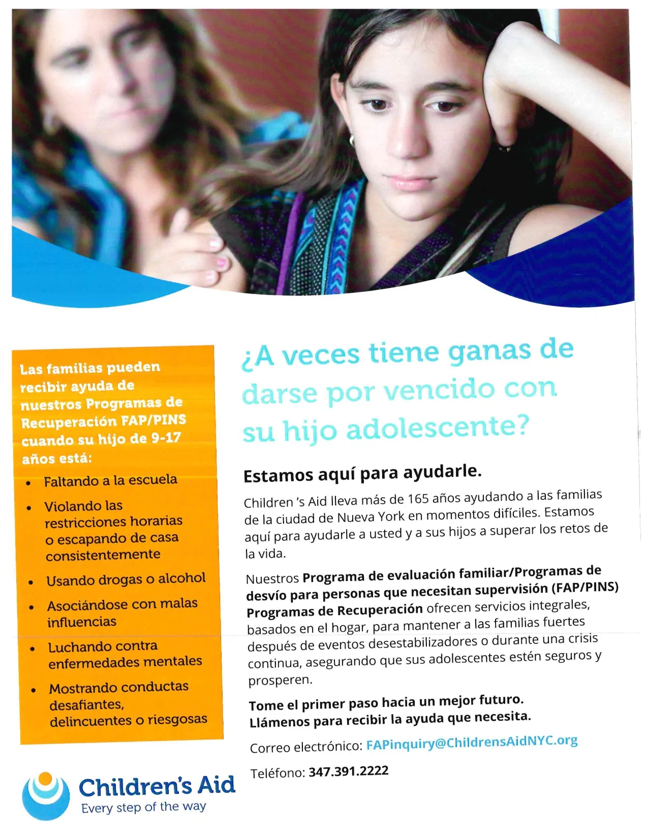 Distressed teen and concerned adult in a Children's Aid flyer