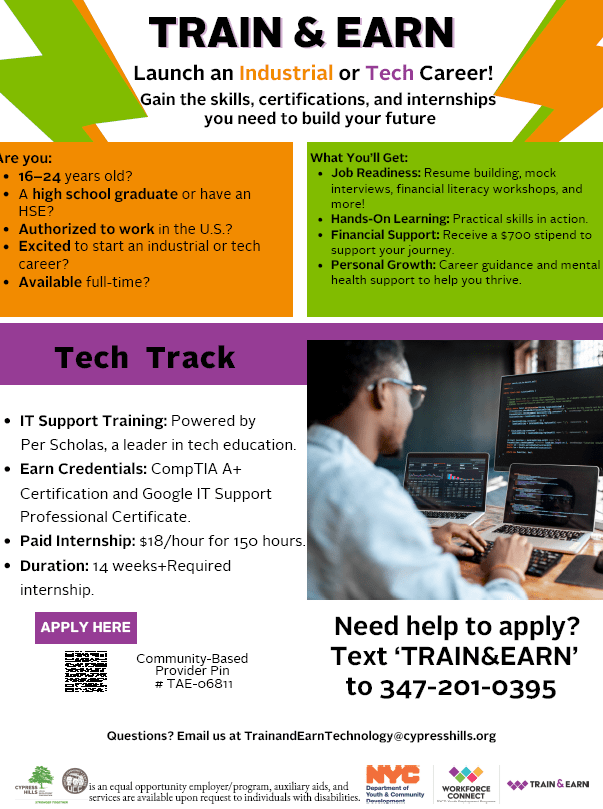 Train and Earn program flyer for industrial and tech careers ages 16 to 24