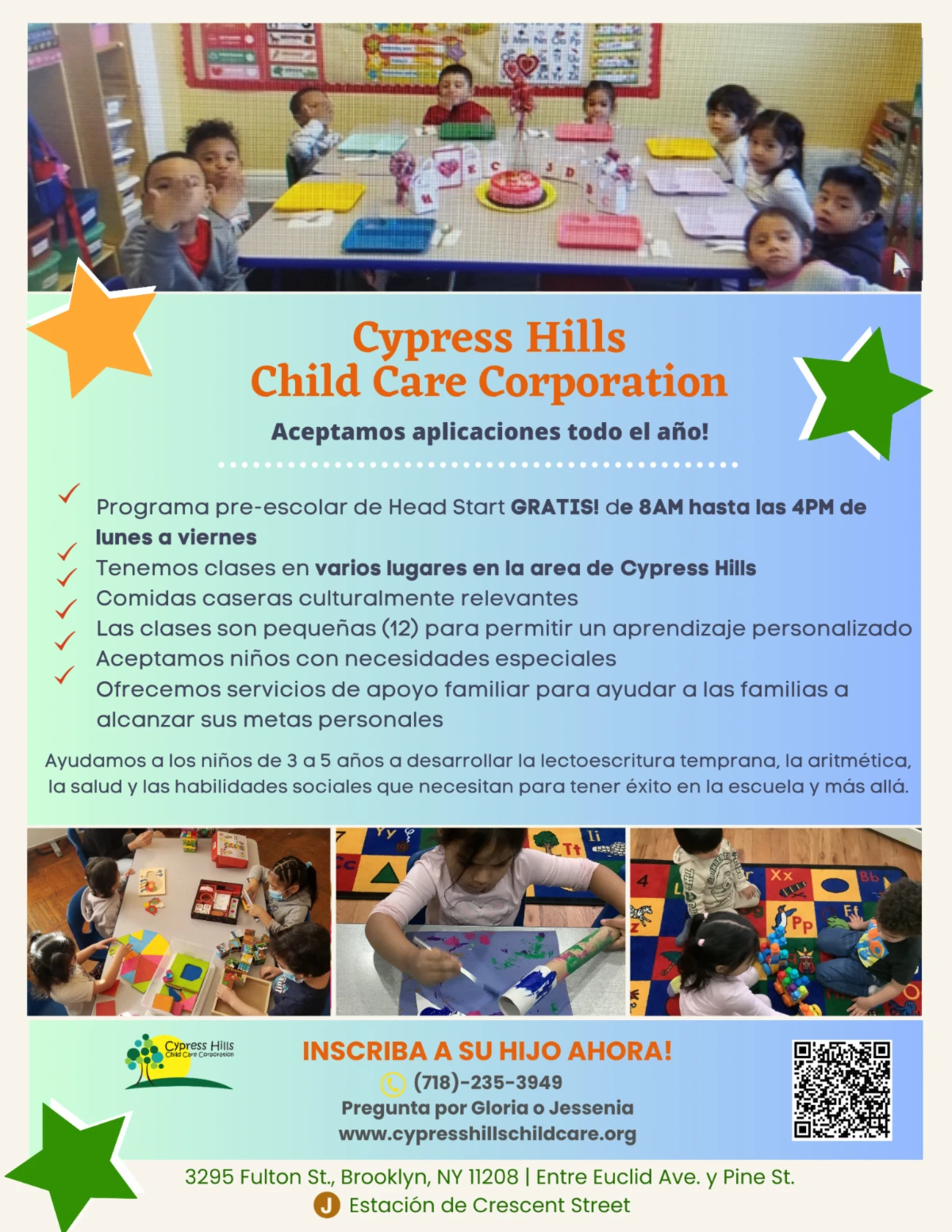 Cypress Hills Child Care Corporation Spanish-language enrollment flyer with classroom photos