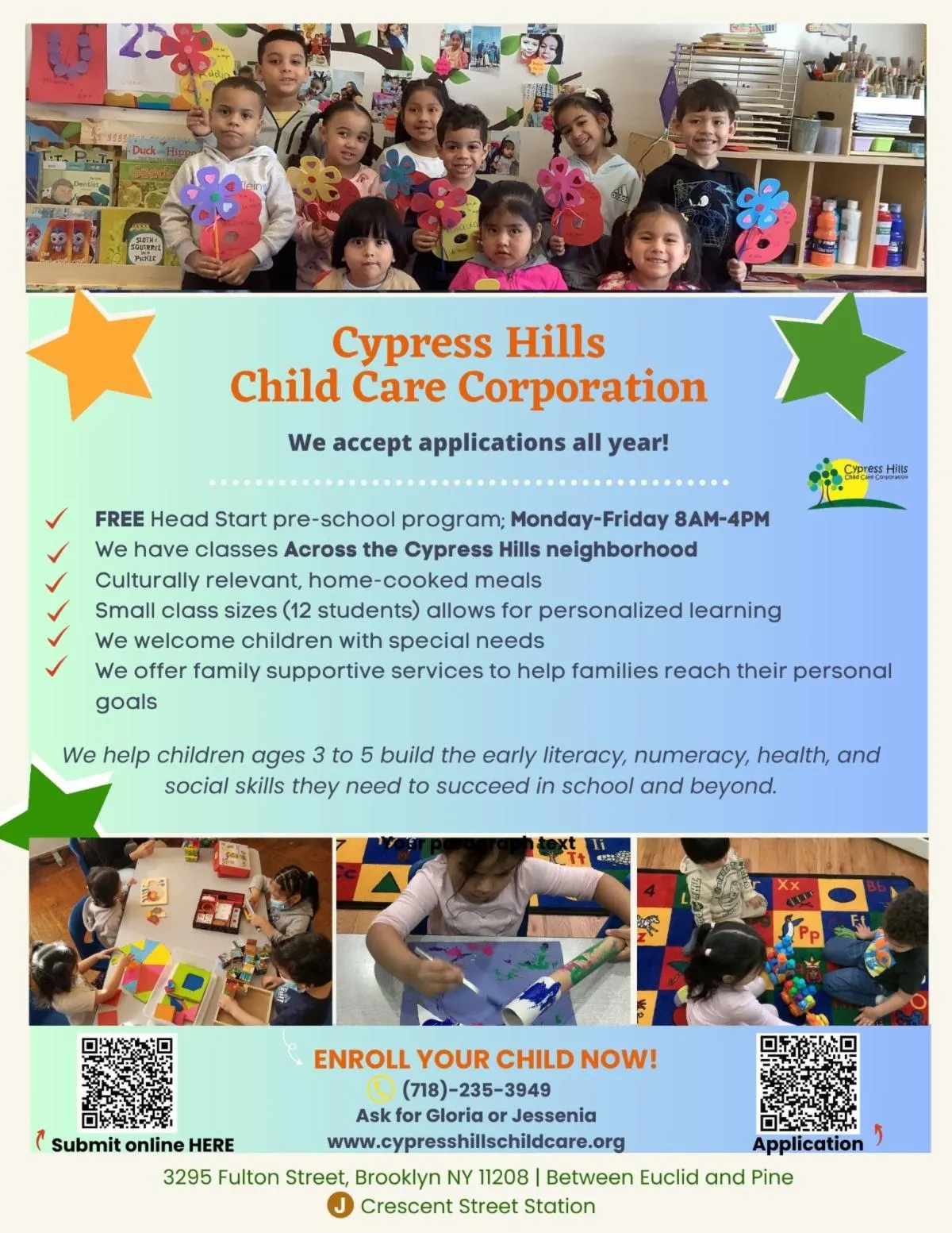 Cypress Hills Child Care Corporation enrollment flyer with program details and photos