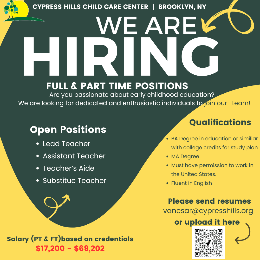 Cypress Hills Child Care Center hiring flyer for teaching positions Brooklyn NY