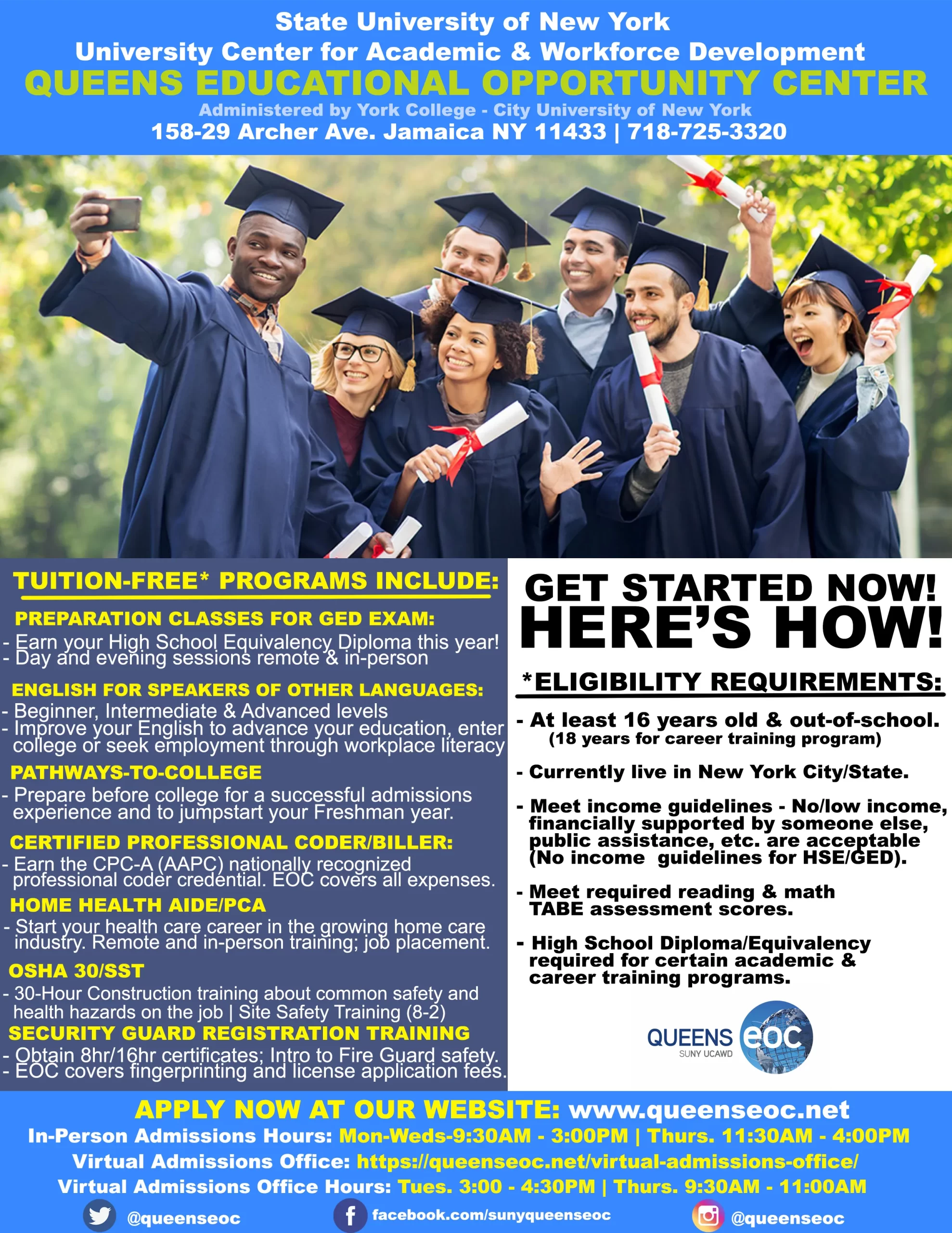 Queens Educational Opportunity Center flyer showing graduates in caps and gowns